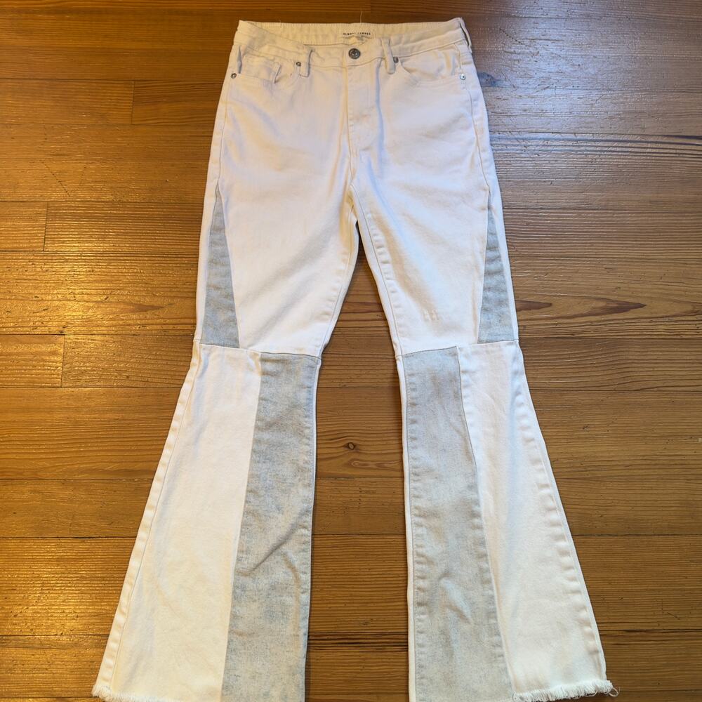 Almost Famous white light‎ wash patchwork high rise flare raw hem jeans SIZE 7